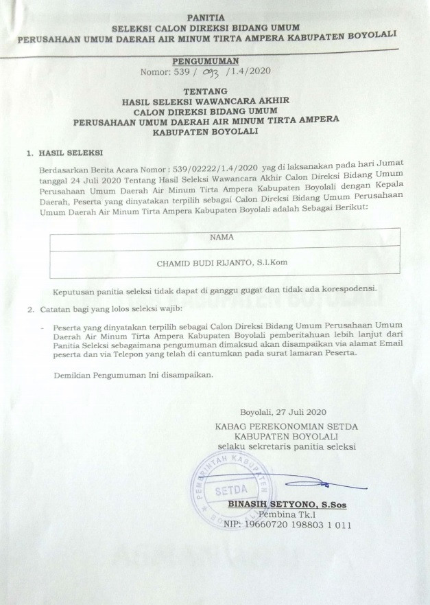 HASIL SELEKSI WAWANCARA AKHIR CALON DIREKSI BIDANG UMUM PERUSAHAAN UMUM DAERAH AIR MUNIM TIRTA AMPERA KABUPATEN BOYOLALI
